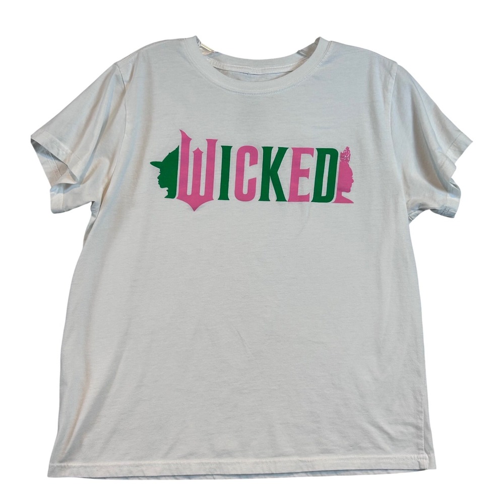 Wicked Broadway Musical Graphic T-Shirt White‎ Pink Green Logo Lg Glinda Elphaba